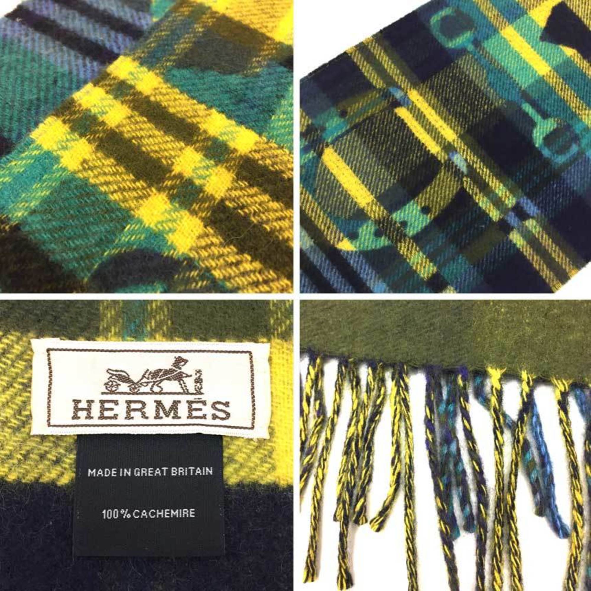 HERMES Men's Scarf Tartan Check Echarpe HER-MES 100% Cashmere Yellow x Blue 2020 Women's Hermes Muffler aq9411