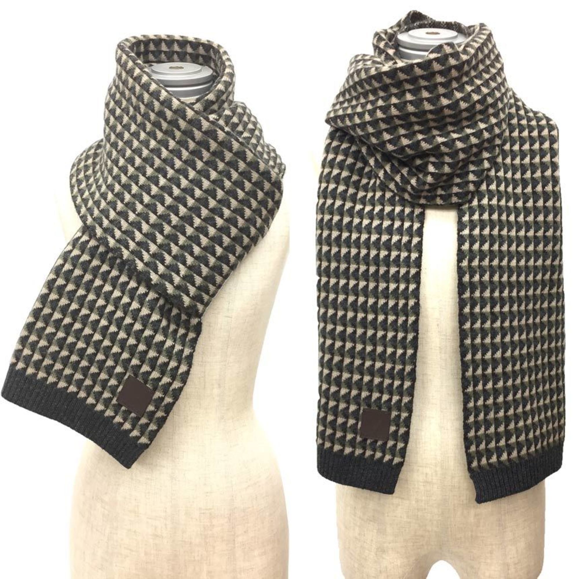 LOUIS VUITTON Muffler M75372 Geometric pattern x border Cashmere Khaki Gray Vuitton Men's Stole Saved aq9426