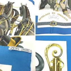 HERMES Muffler Carre 90 ATTELAGE EN ARBALETE Horse-drawn bow-shaped connection 100% silk Horse pattern light blue scarf aq5268