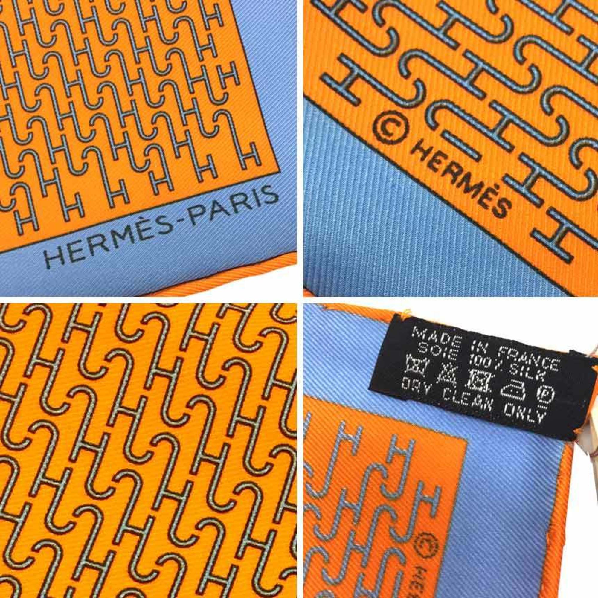 HERMES Pocket square Scarf Muffler Carre POCHETTE TWILL VINTAGE PUZZLE H805906T-02 100% Silk 02 ORANGE/CIEL Orange preserved neckerchief bandana Men's Women's Hermes aq9 413