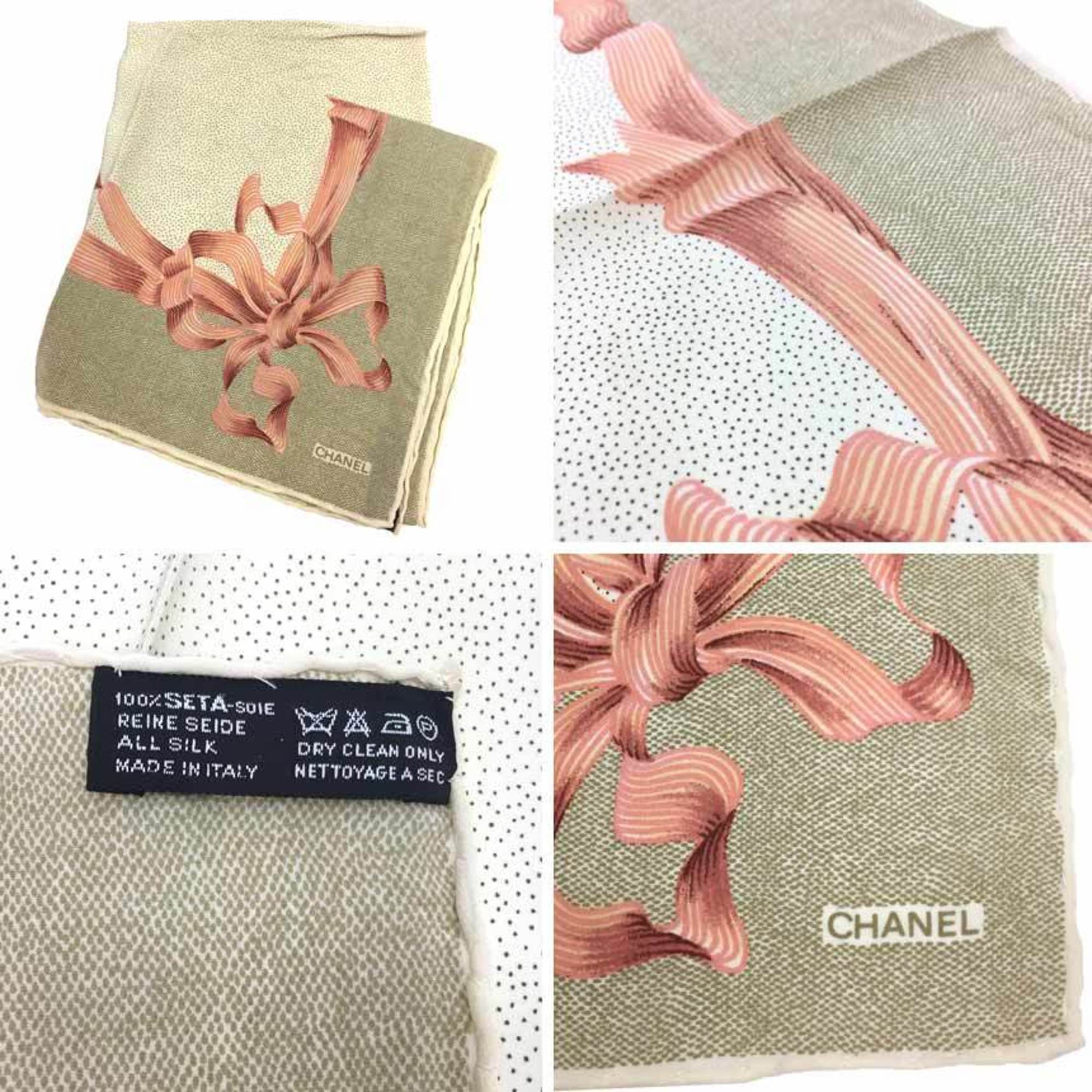 CHANEL Scarf Muffler Ribbon Silk Beige x Pink Chanel aq9351