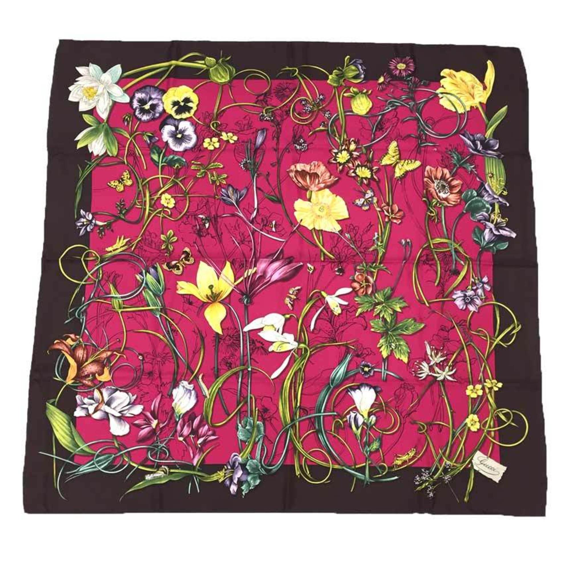 GUCCI Flora Print Scarf Muffler Large Carre 100% Silk Flower Pink x Bordeaux Gucci aq9410