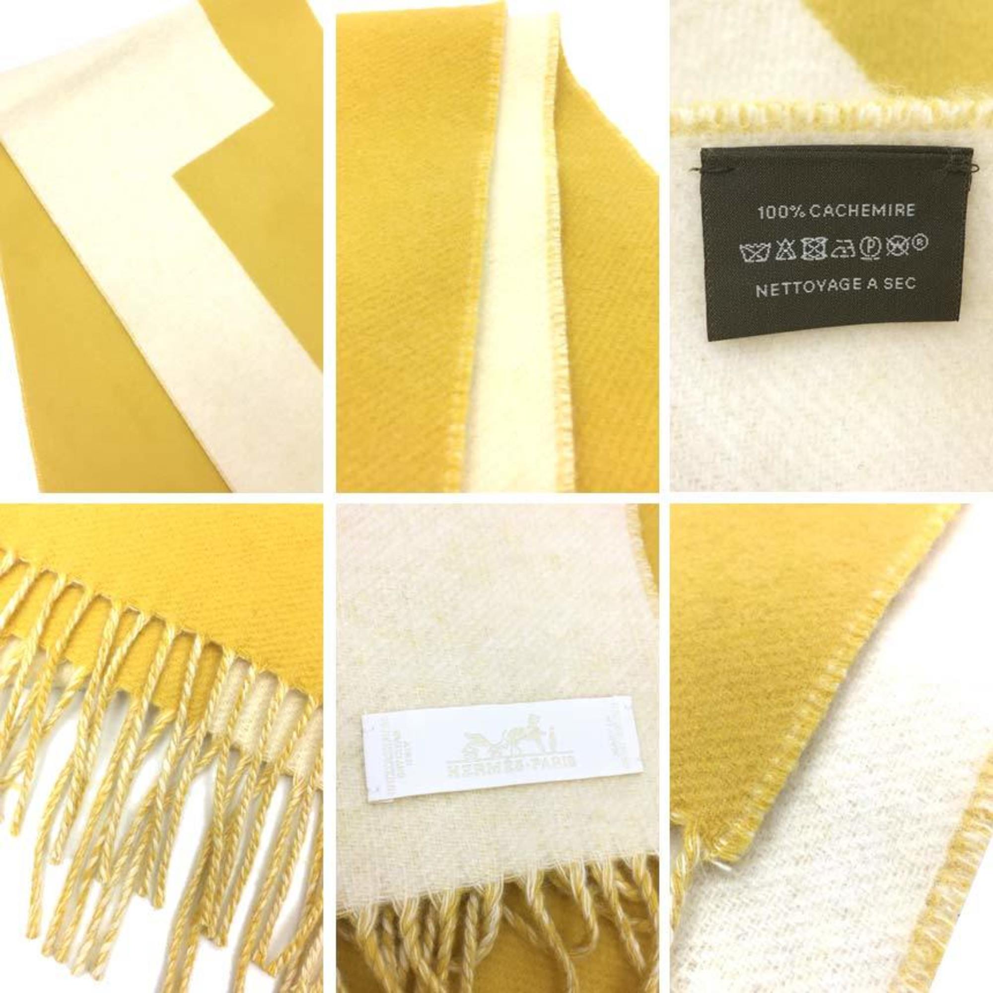 HERMES Cashmere Muffler Stole Shawl Yellow x Cream aq9395