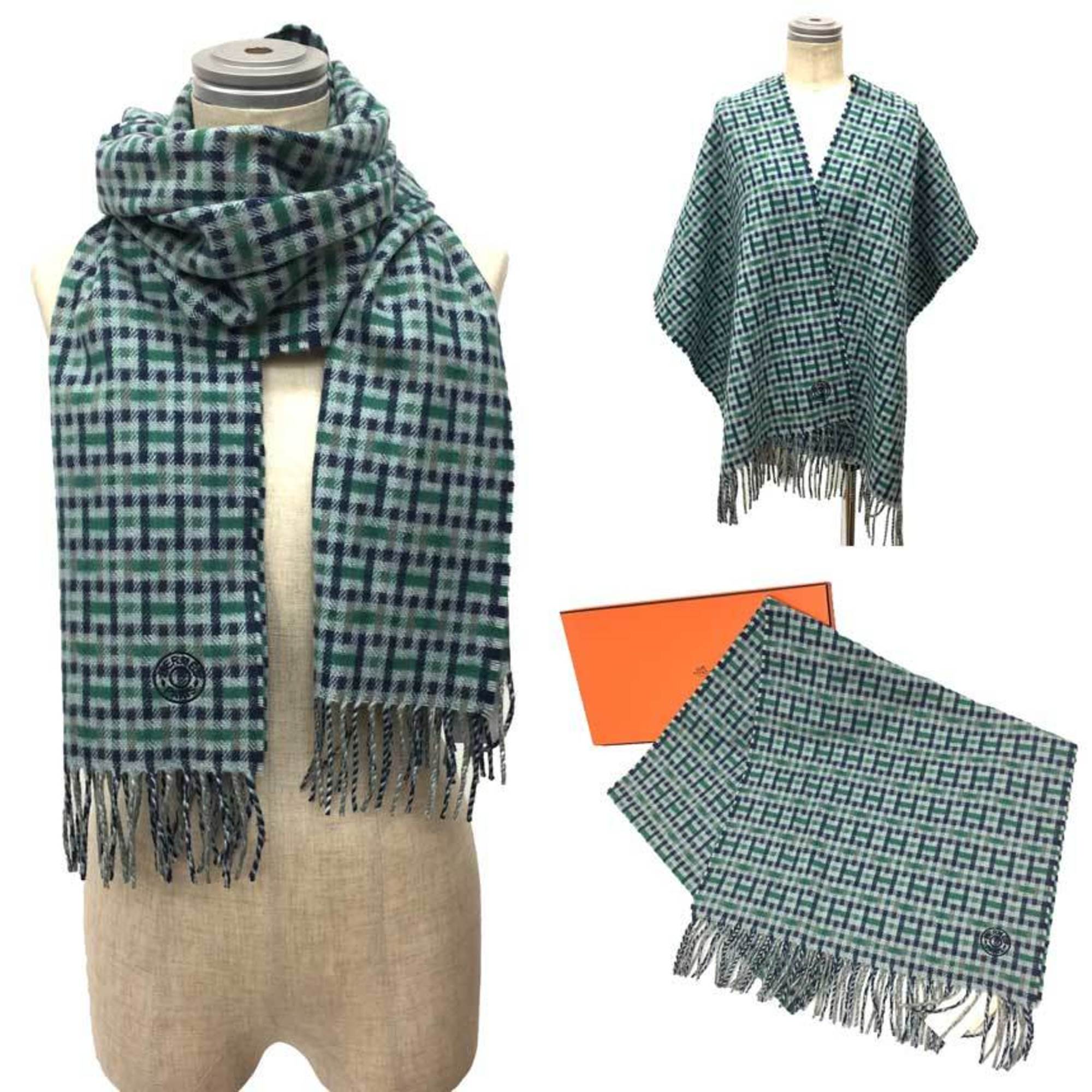 HERMES Hermes Stole Muffler H Ecoce Rectoverso 22AW 100% Cashmere Navy Blue Green Shawl aq9414