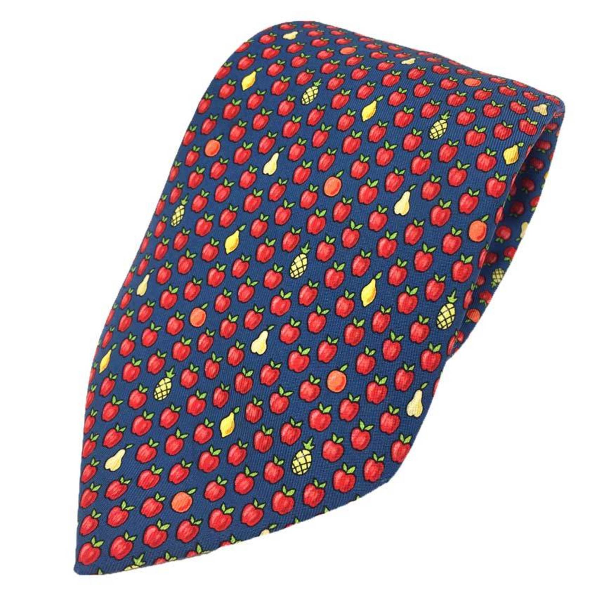 Hermes HERMES Tie Apple Fruit 100% Silk Navy Men's aq9386