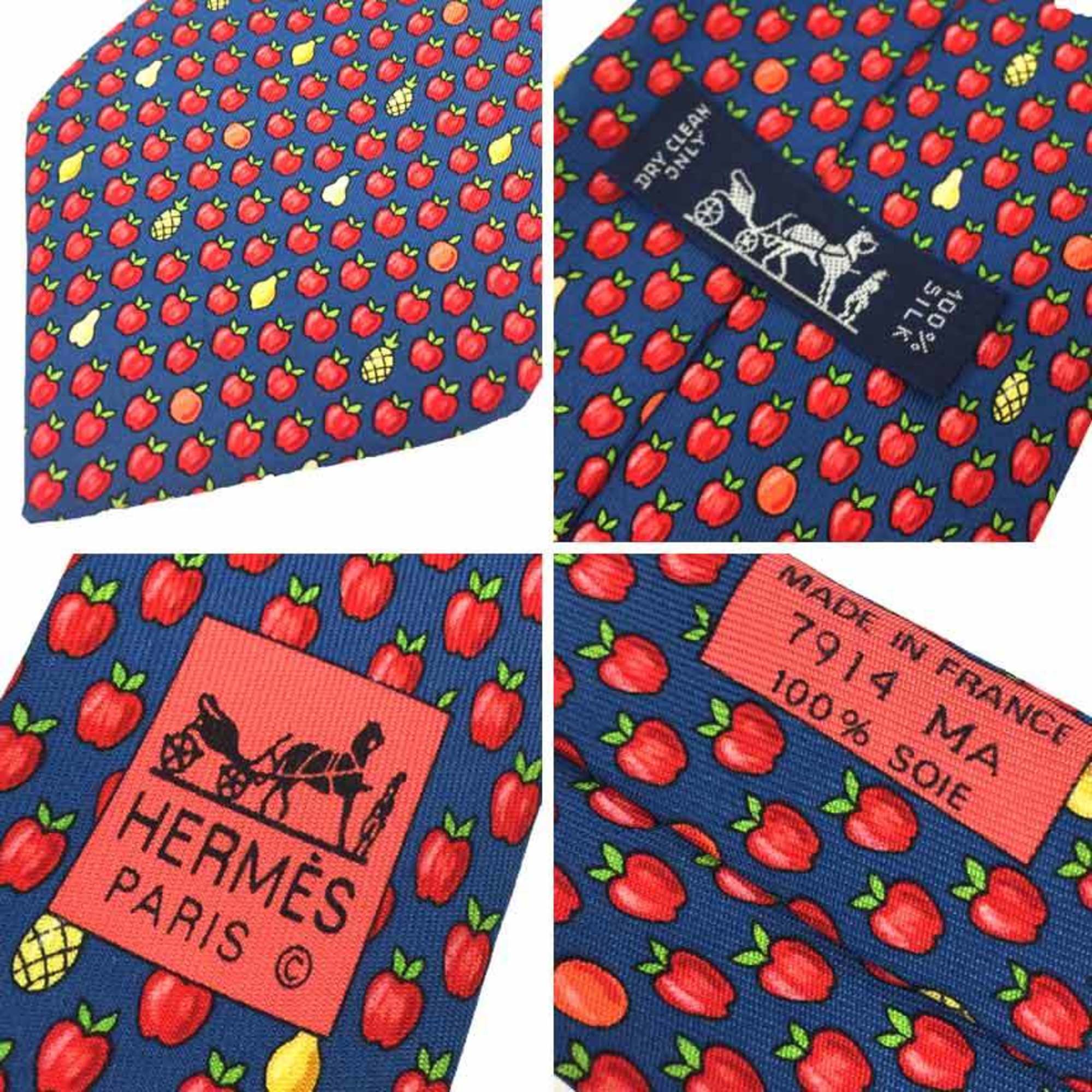 Hermes HERMES Tie Apple Fruit 100% Silk Navy Men's aq9386