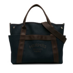 Hermes Sacked Panjage Groom Tote Bag Shoulder Navy Brown Canvas Leather Women's HERMES