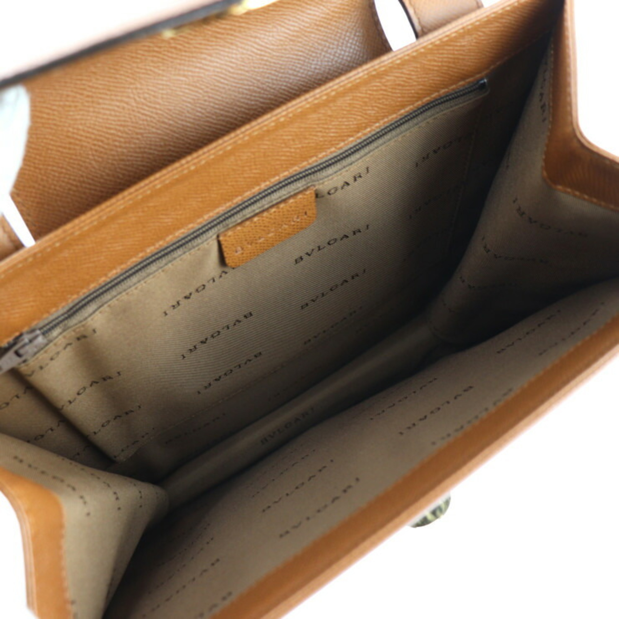 BVLGARI Shoulder Bag Leather Brown Turnlock Tote Handbag
