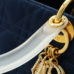 Christian Dior Lady Cannage Handbag Satin Rhinestone Navy