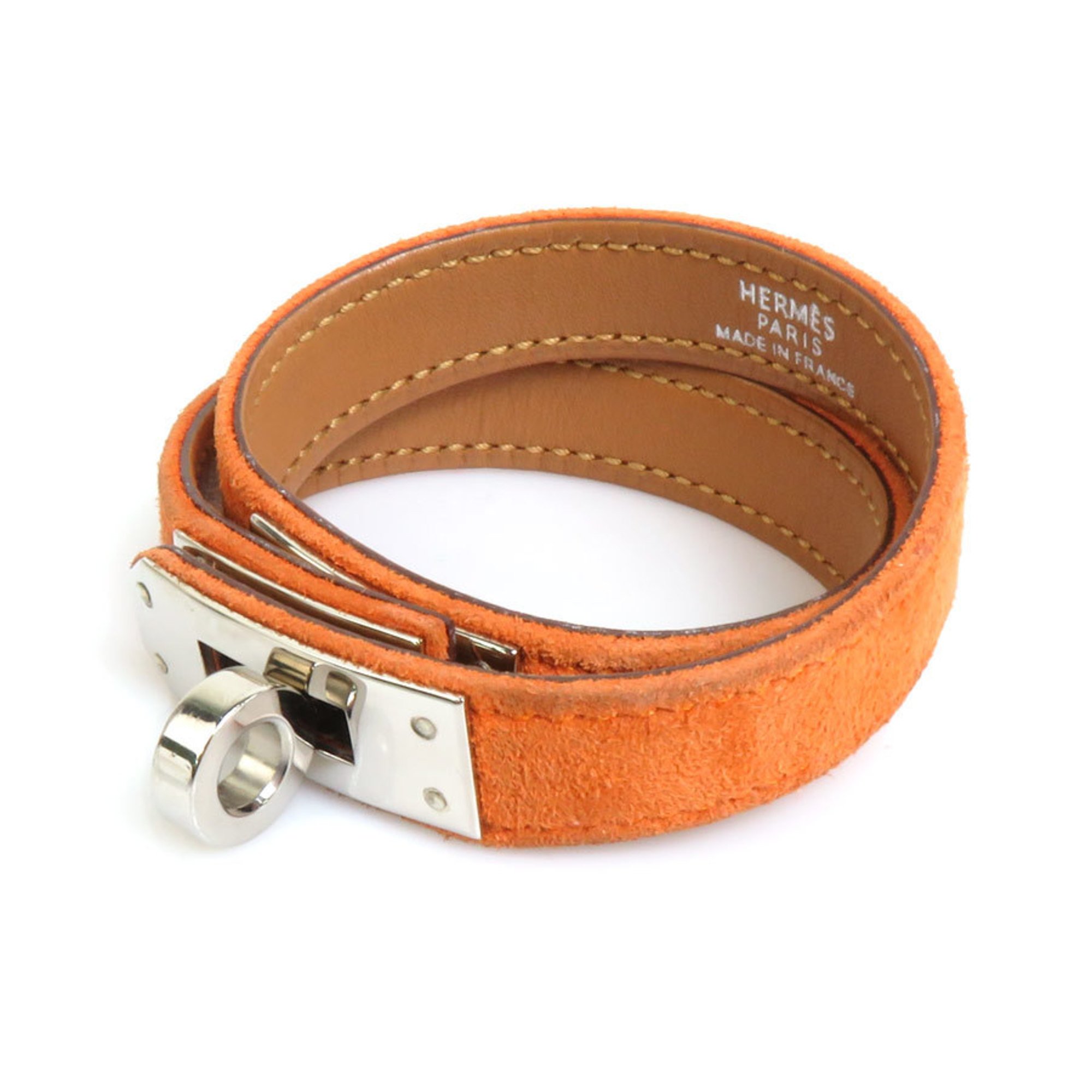 Hermes HERMES Bracelet Kelly Suede/Metal Orange/Silver Ladies