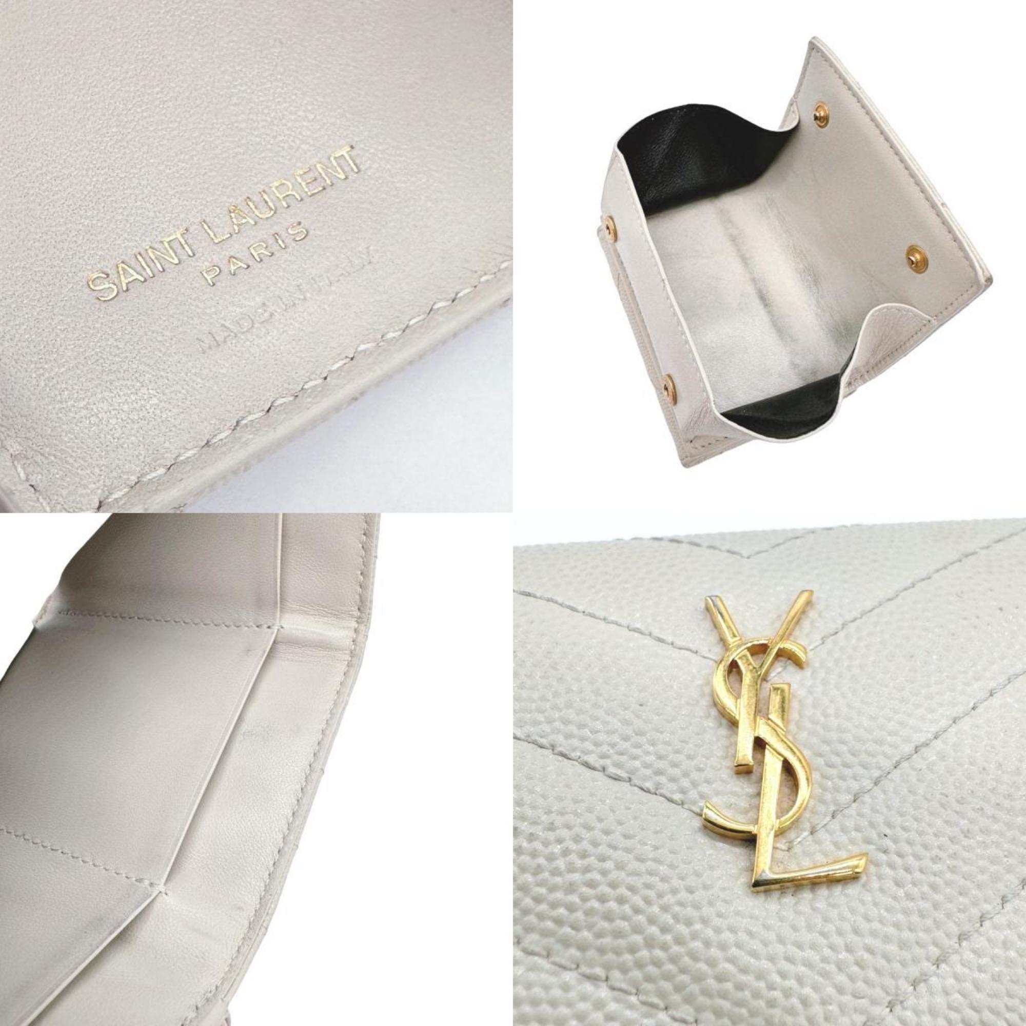 Saint Laurent SAINT LAURENT Trifold Wallet Compact Leather Ivory Gold Ladies