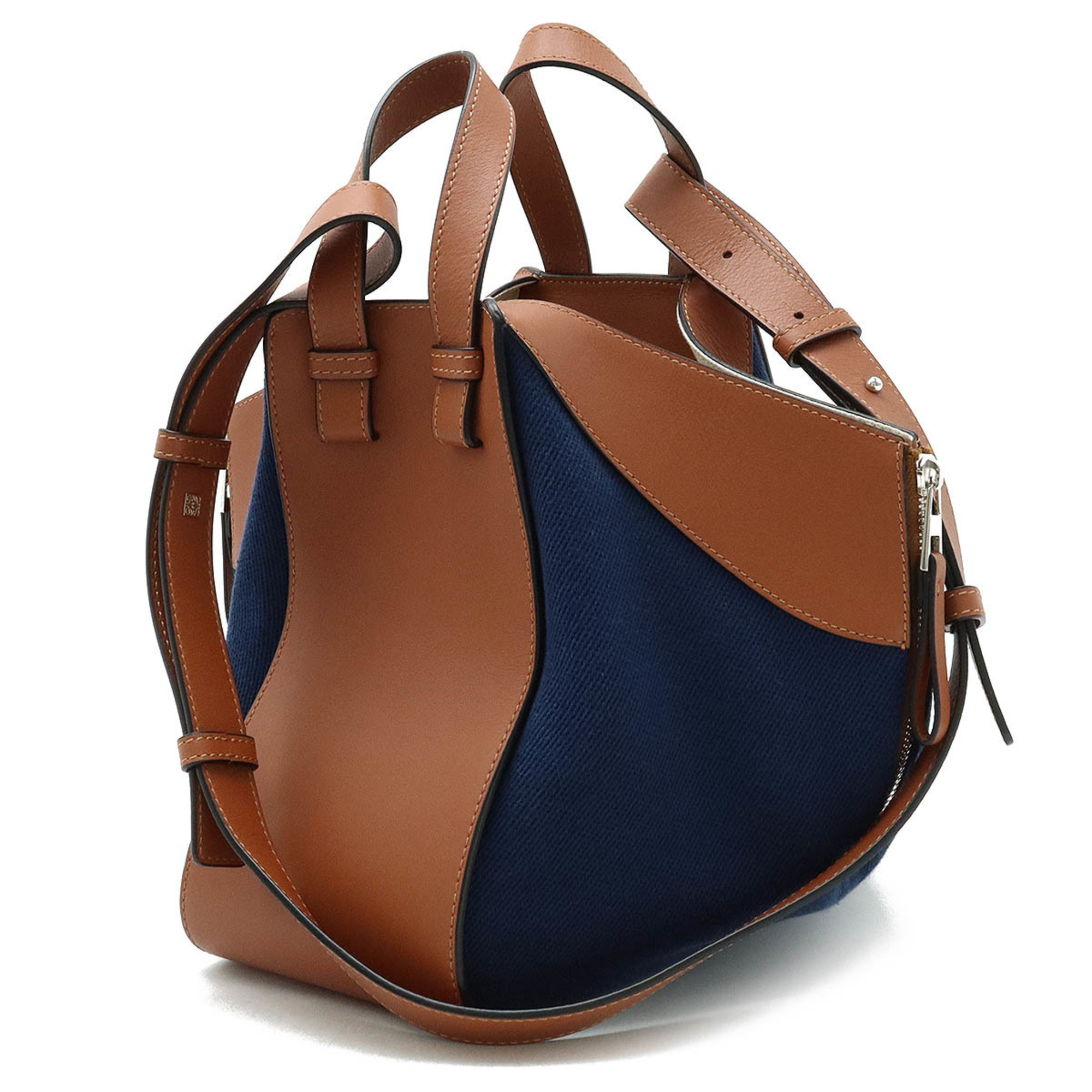 LOEWE Hammock Bag Small Handbag Shoulder 6WAY Leather Canvas Tan Navy Blue A538S35X27