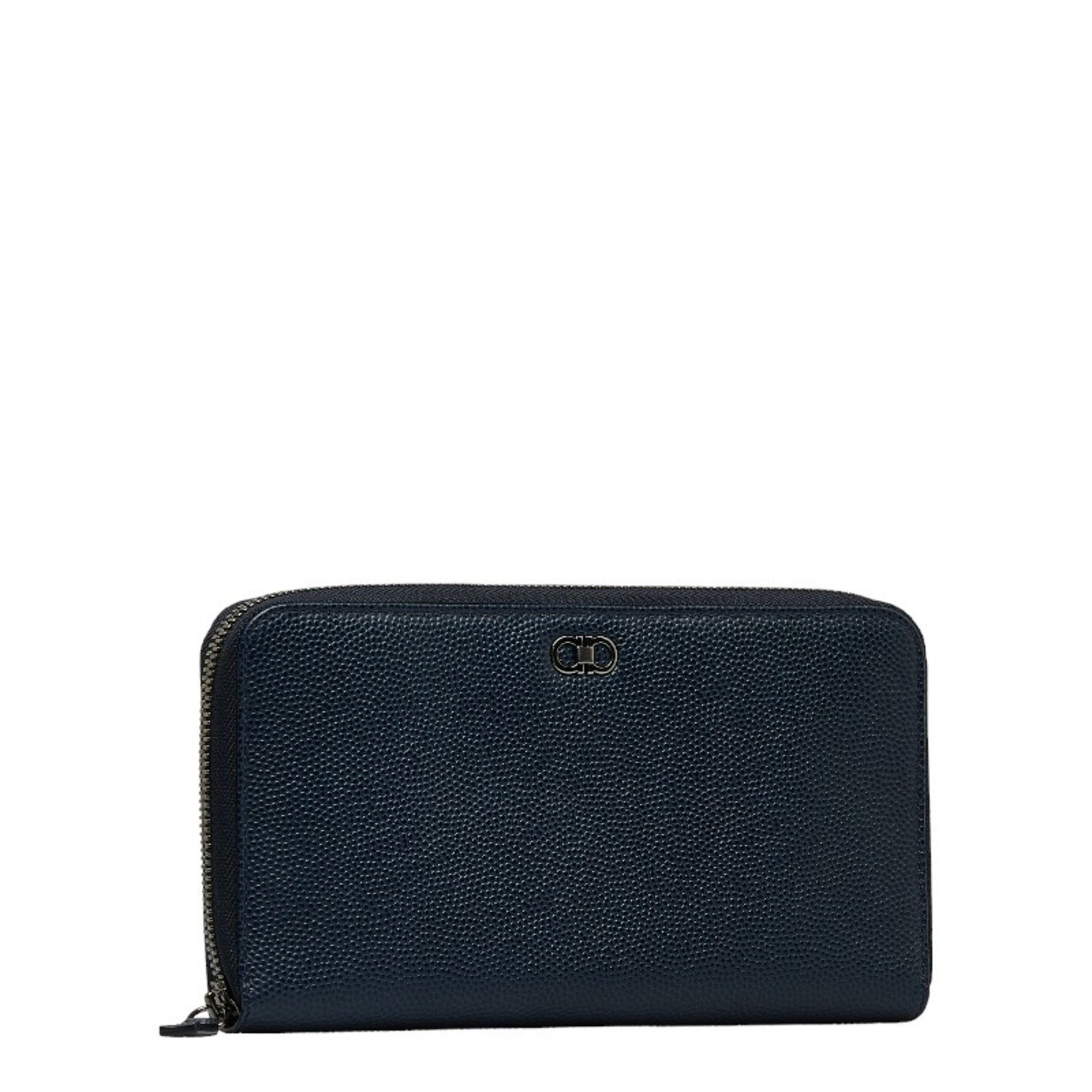 Salvatore Ferragamo Gancini Bifold Wallet Long Navy Leather Women's