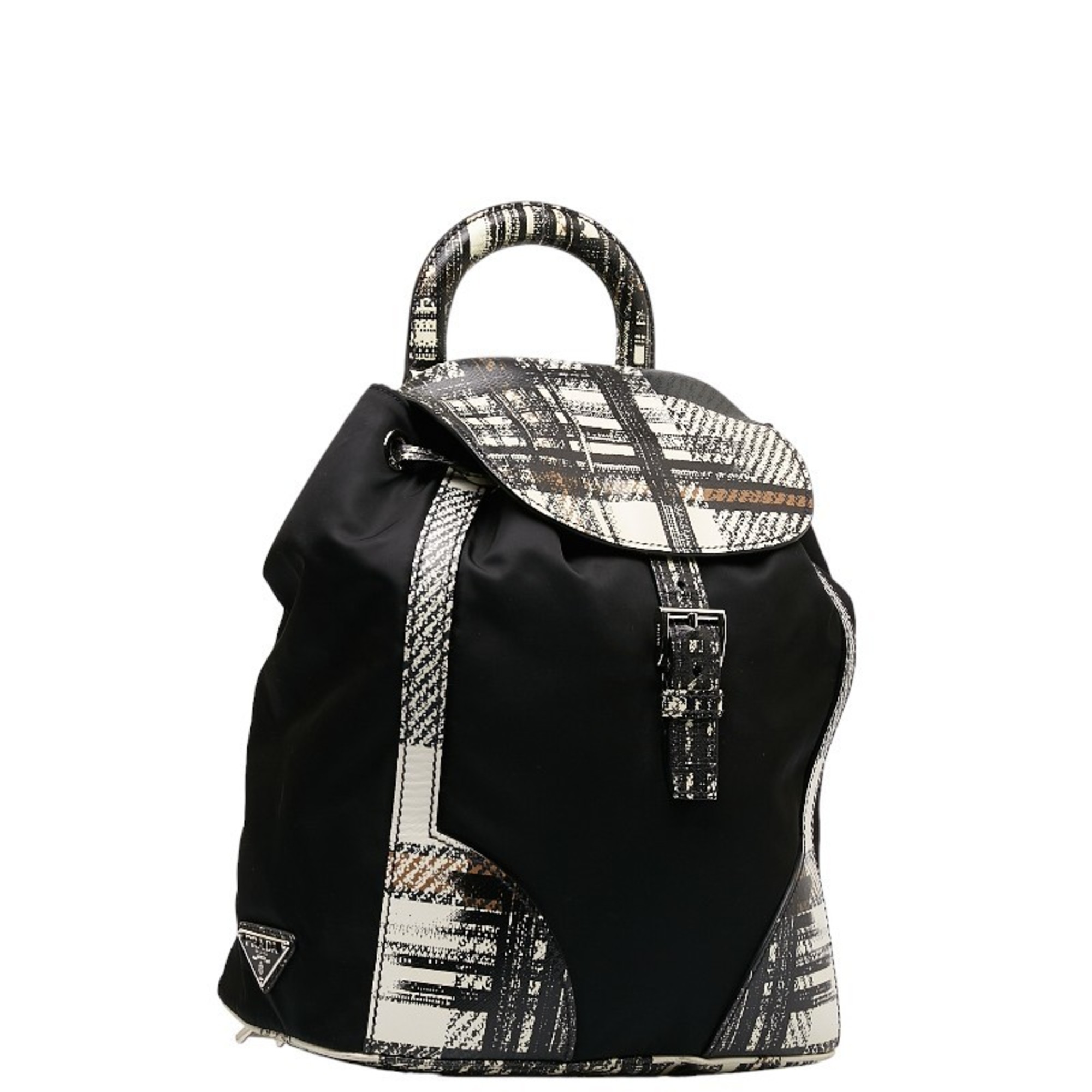 Prada Tessuto Saffiano Plaid Rucksack Backpack 1BZ038 Black White Nylon Leather Women's PRADA