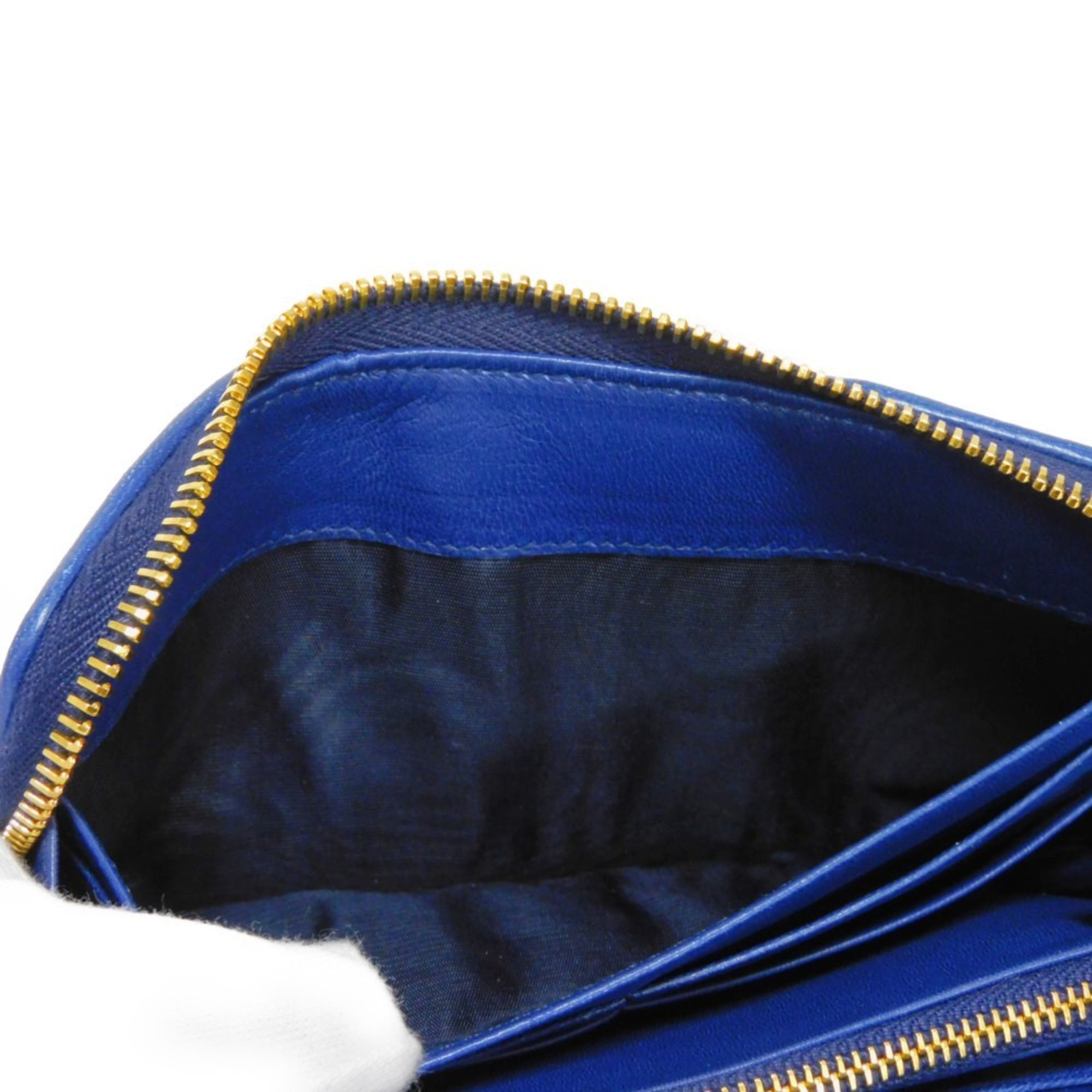 Miu MIUMIU Long Wallet Matelasse Patch Zip Around Nappa Gathered Blue Inkiostro 5M0506 2E6N F0021 Women's