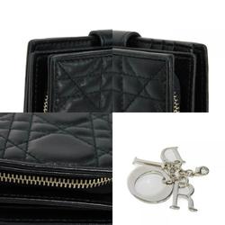 Christian Dior Dior Bifold Wallet Lady Compact Snap Button Charm Cannage Lambskin Black Ladies