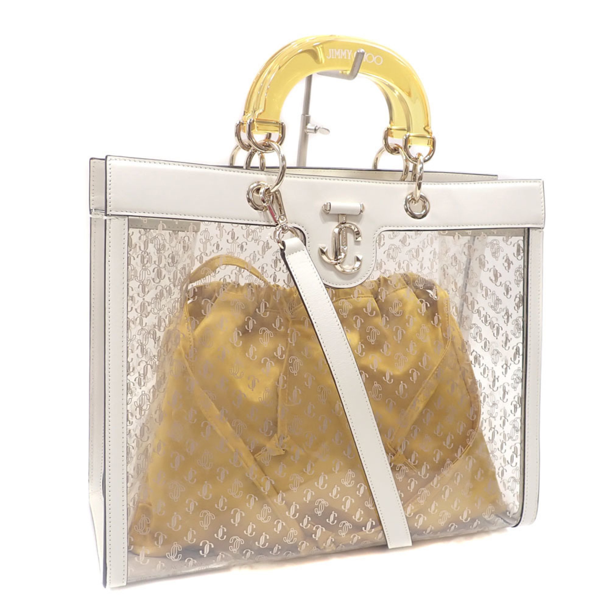Jimmy Choo Tote Bag Women's Latte Yellow Fabric Leather Vinyl Clear Hand VARENNE A210549