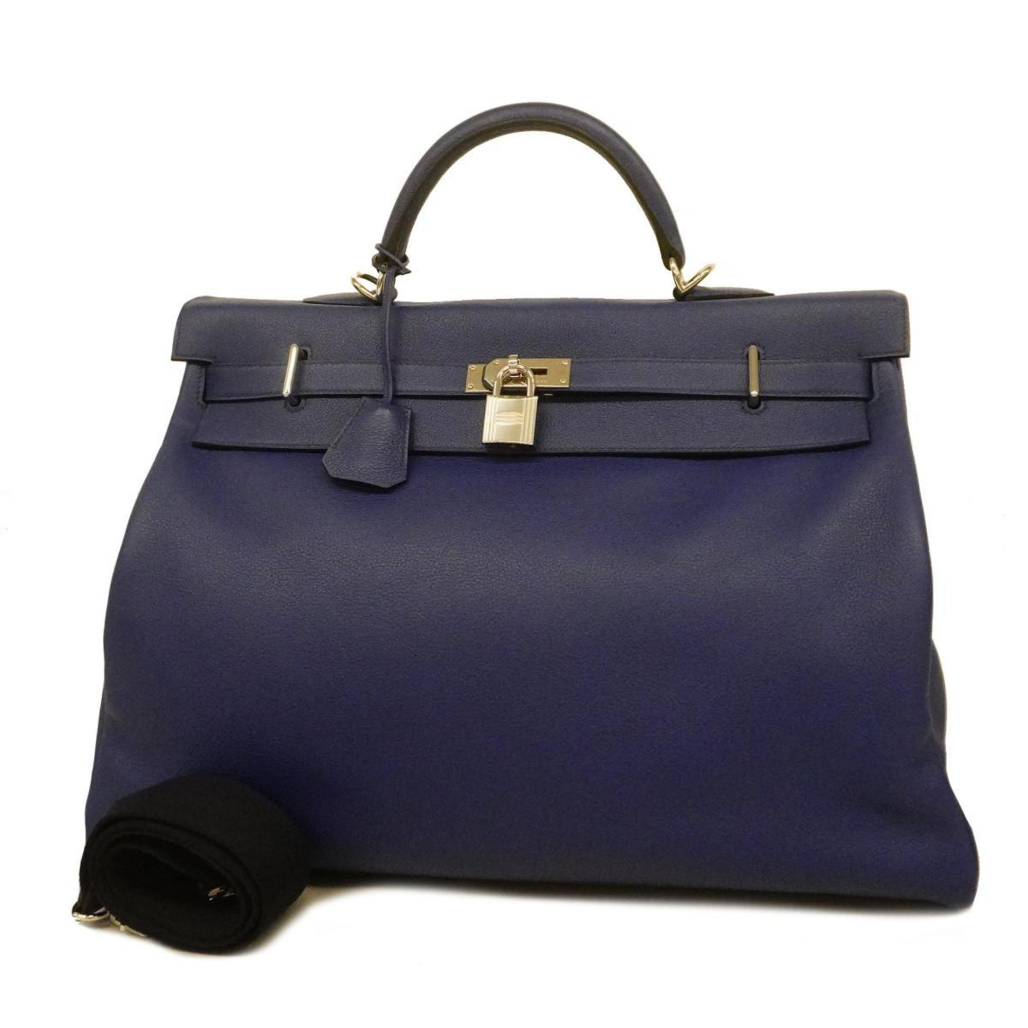 Hermes Handbag Kelly 50 D Engraved Taurillon Biyo Blue Electric Ladies