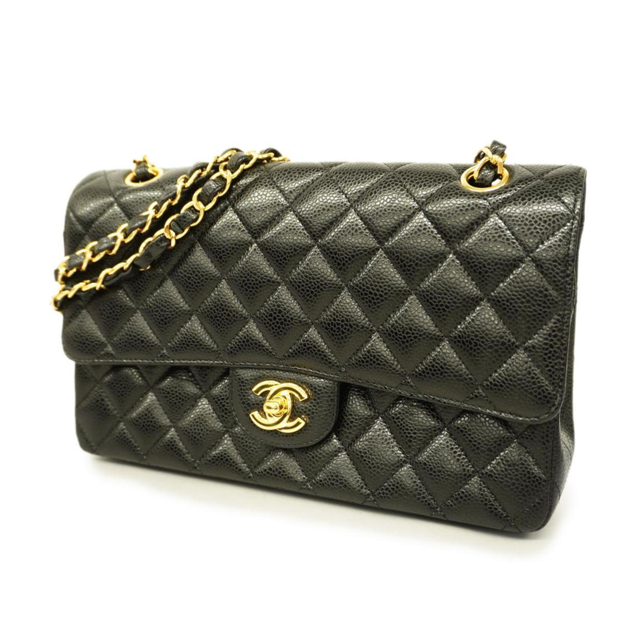 Chanel Shoulder Bag Matelasse W Flap Chain Caviar Skin Black Ladies