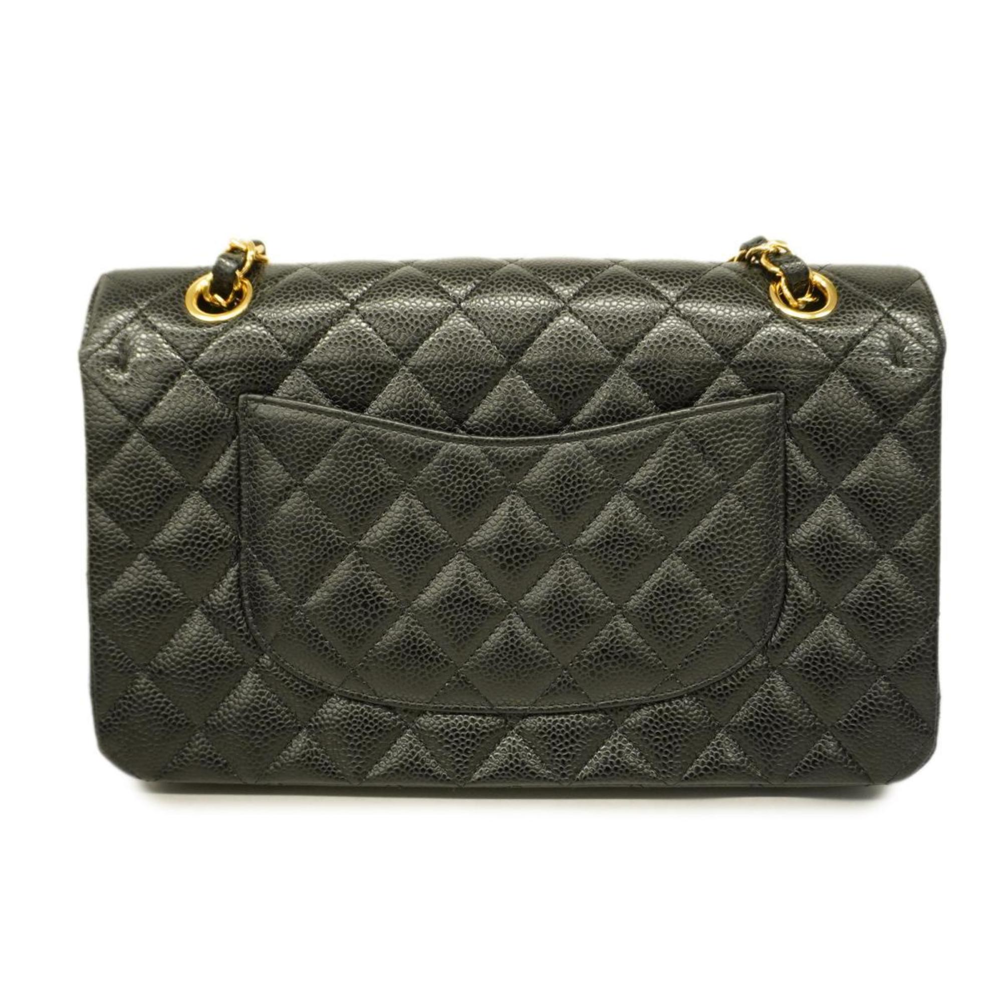 Chanel Shoulder Bag Matelasse W Flap Chain Caviar Skin Black Ladies