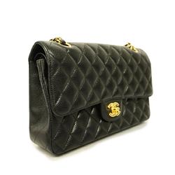 Chanel Shoulder Bag Matelasse W Flap Chain Caviar Skin Black Ladies