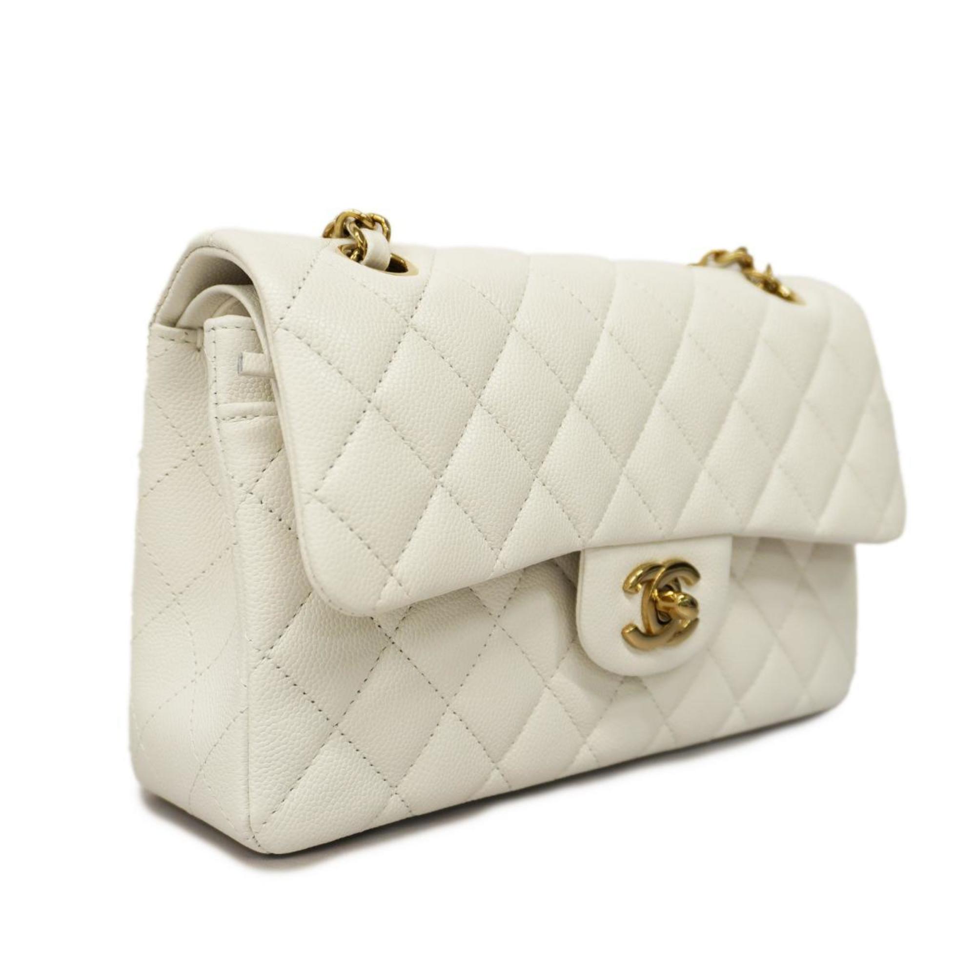 Chanel Shoulder Bag Matelasse W Flap Chain Caviar Skin White Ladies