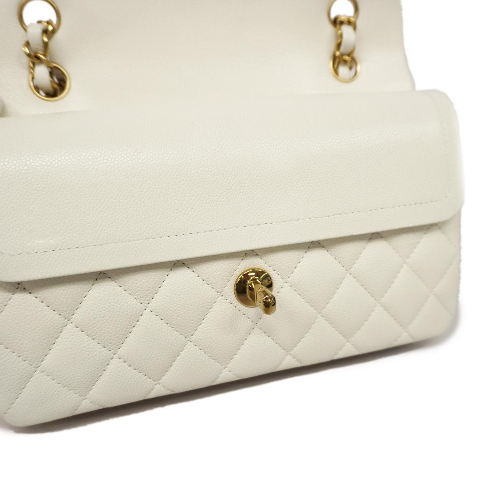 Chanel Shoulder Bag Matelasse W Flap Chain Caviar Skin White Ladies