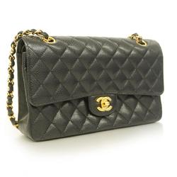 Chanel Shoulder Bag Matelasse W Flap Chain Caviar Skin Black Ladies