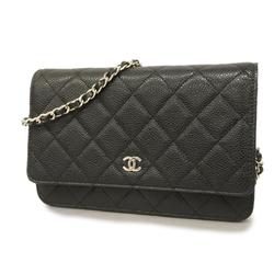 Chanel Shoulder Wallet Matelasse Chain Caviar Skin Black Ladies