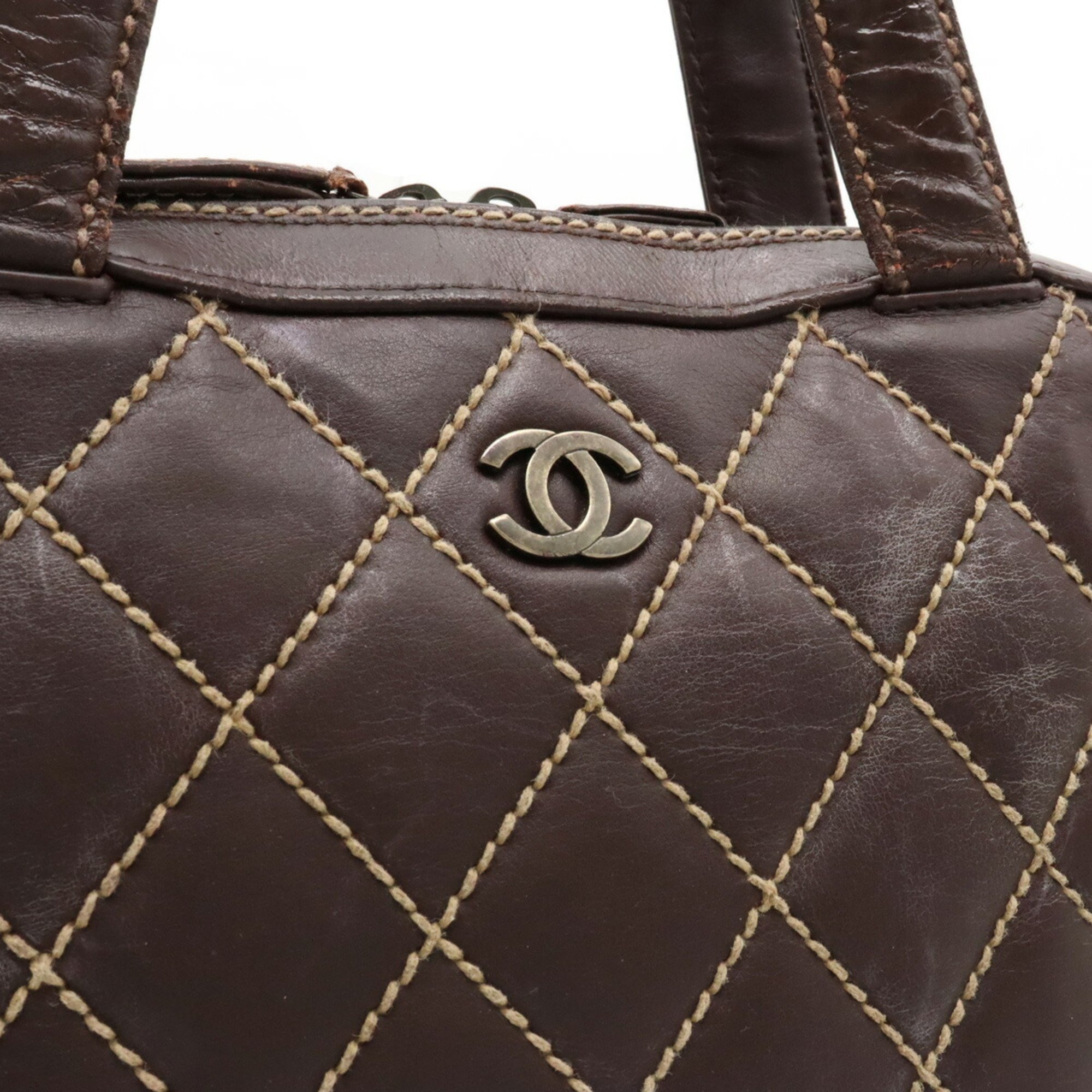 CHANEL Wild Stitch Coco Mark Tote Bag Handbag Leather Brown Pouch Missing A14693