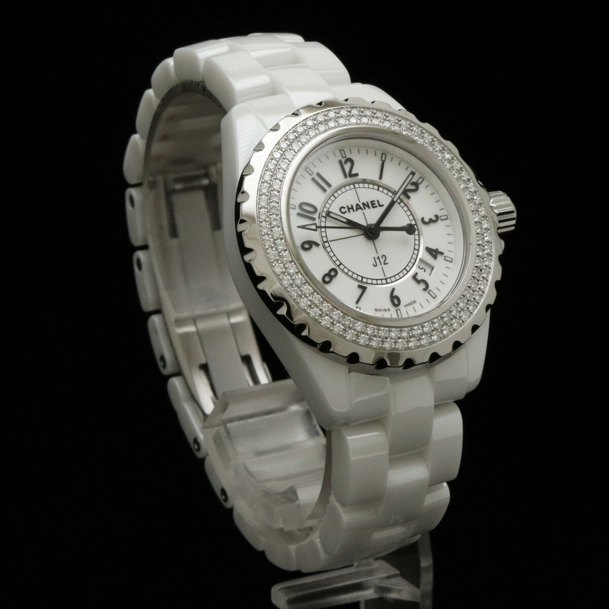 Finished CHANEL J12 Date Double Diamond Bezel White Ceramic Ladies Battery Operated Watch H0967