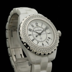 Finished CHANEL J12 Date Double Diamond Bezel White Ceramic Ladies Battery Operated Watch H0967