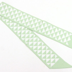 PRADA Scarf Muffler 1FF008 Light Green White 100% Silk Ribbon Twilly Triangle Bag Charm Ladies