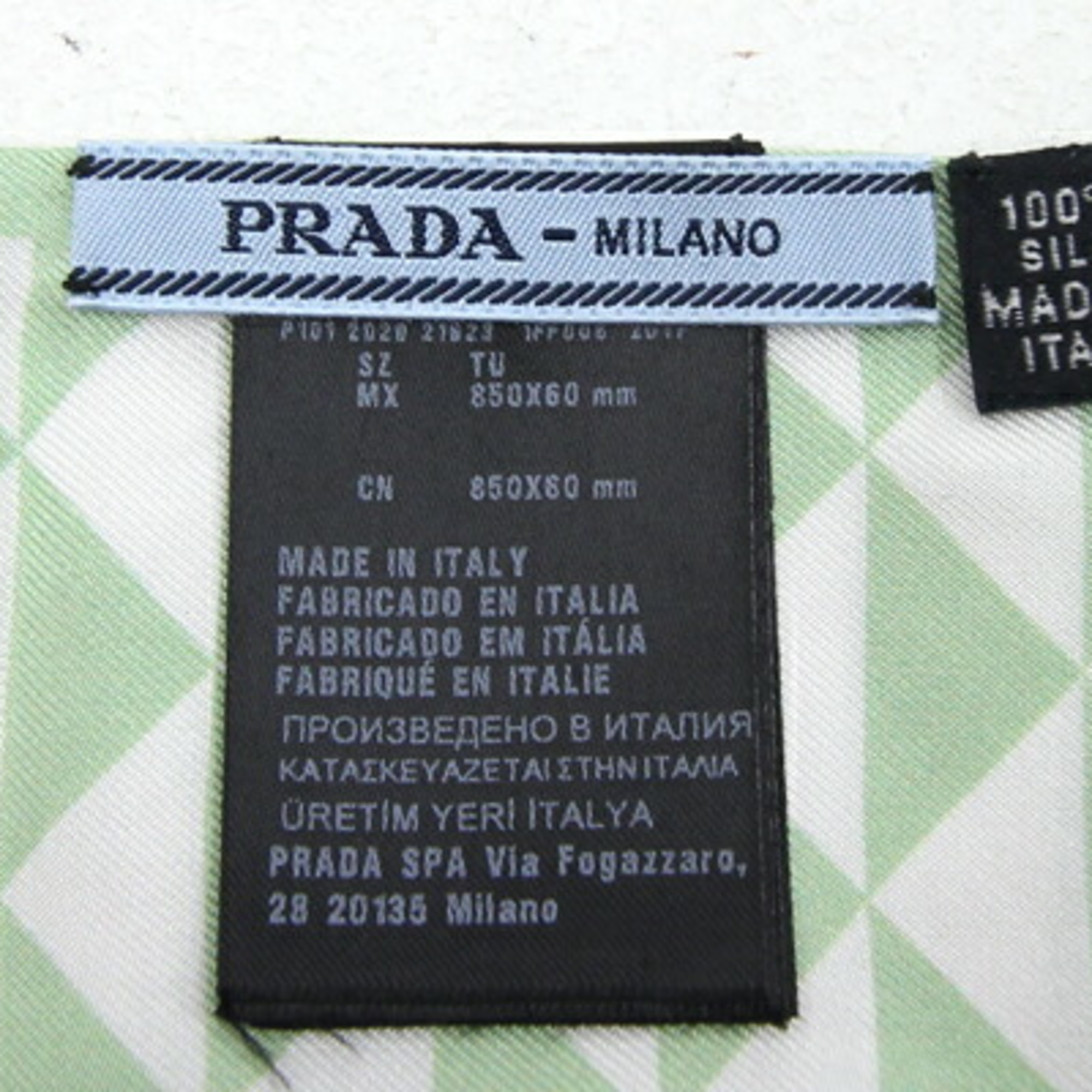 PRADA Scarf Muffler 1FF008 Light Green White 100% Silk Ribbon Twilly Triangle Bag Charm Ladies