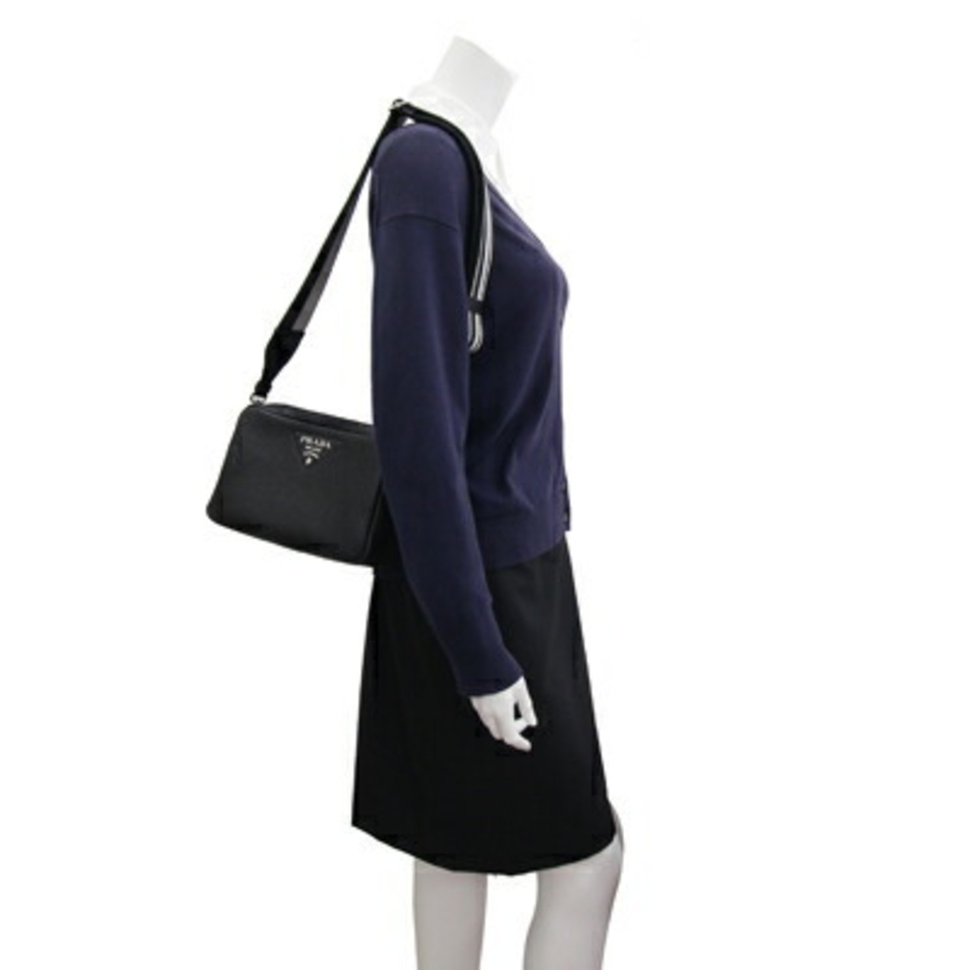 Prada Shoulder Bag 1BH082 Black Leather Striped Bicolor Crossbody Women Men PRADA