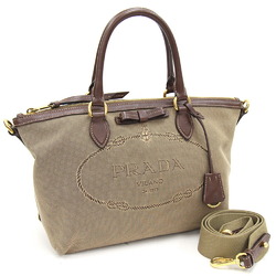 Prada Handbag 1BA104 Beige Brown Jacquard Canvas Leather Shoulder Bag Ribbon Women's PRADA