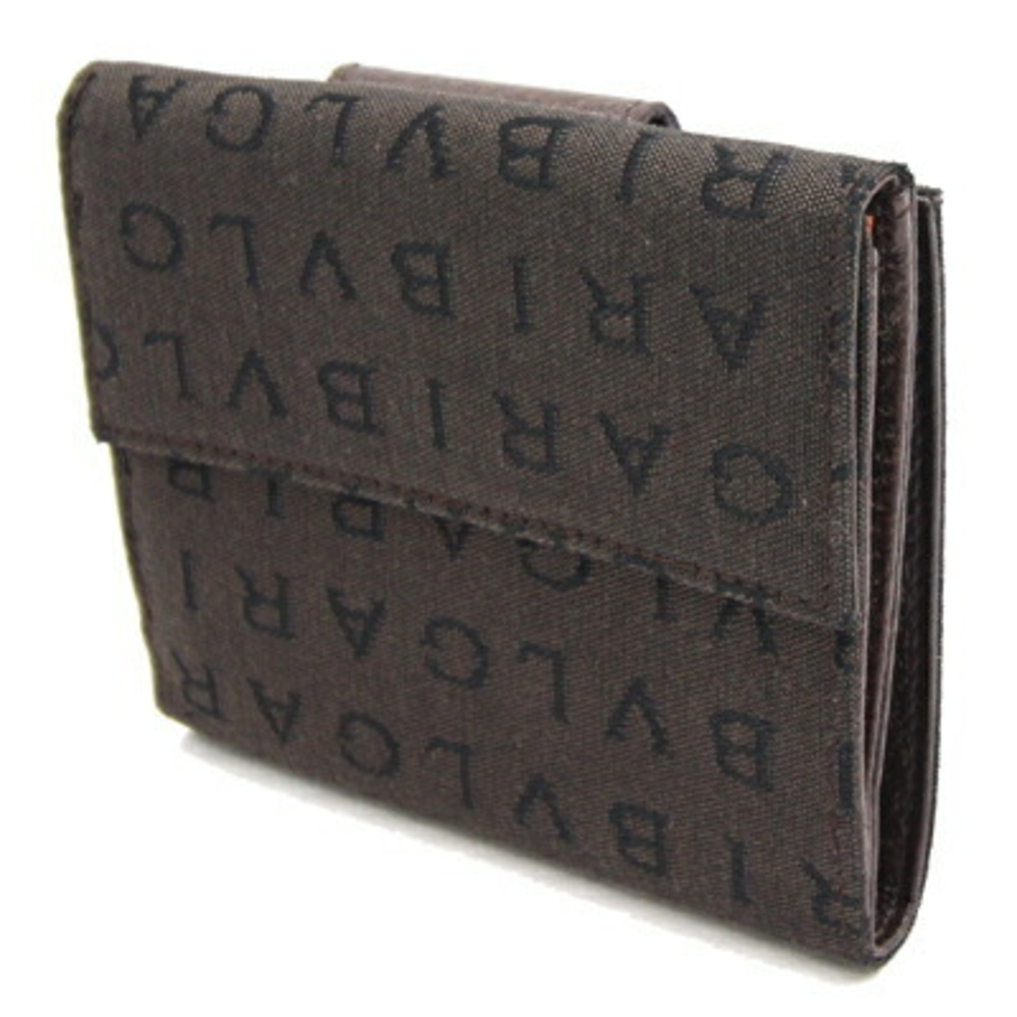 BVLGARI W Wallet Mania Dark Brown Canvas Leather Double Side Open Compact Ladies