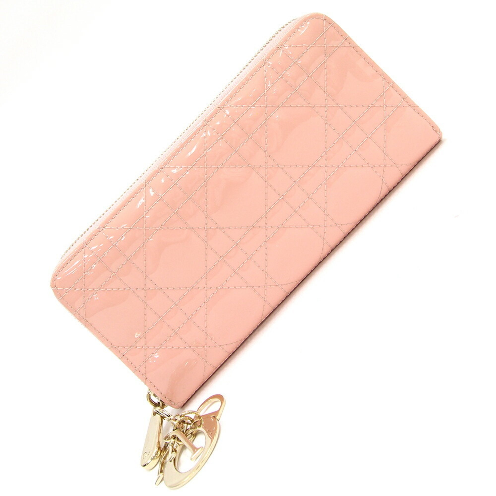 Christian Dior Dior Round Long Wallet Lady Voyageur S0007OVRB Pink Patent Leather Stitching Quilting Enamel Cannage Ladies Christian