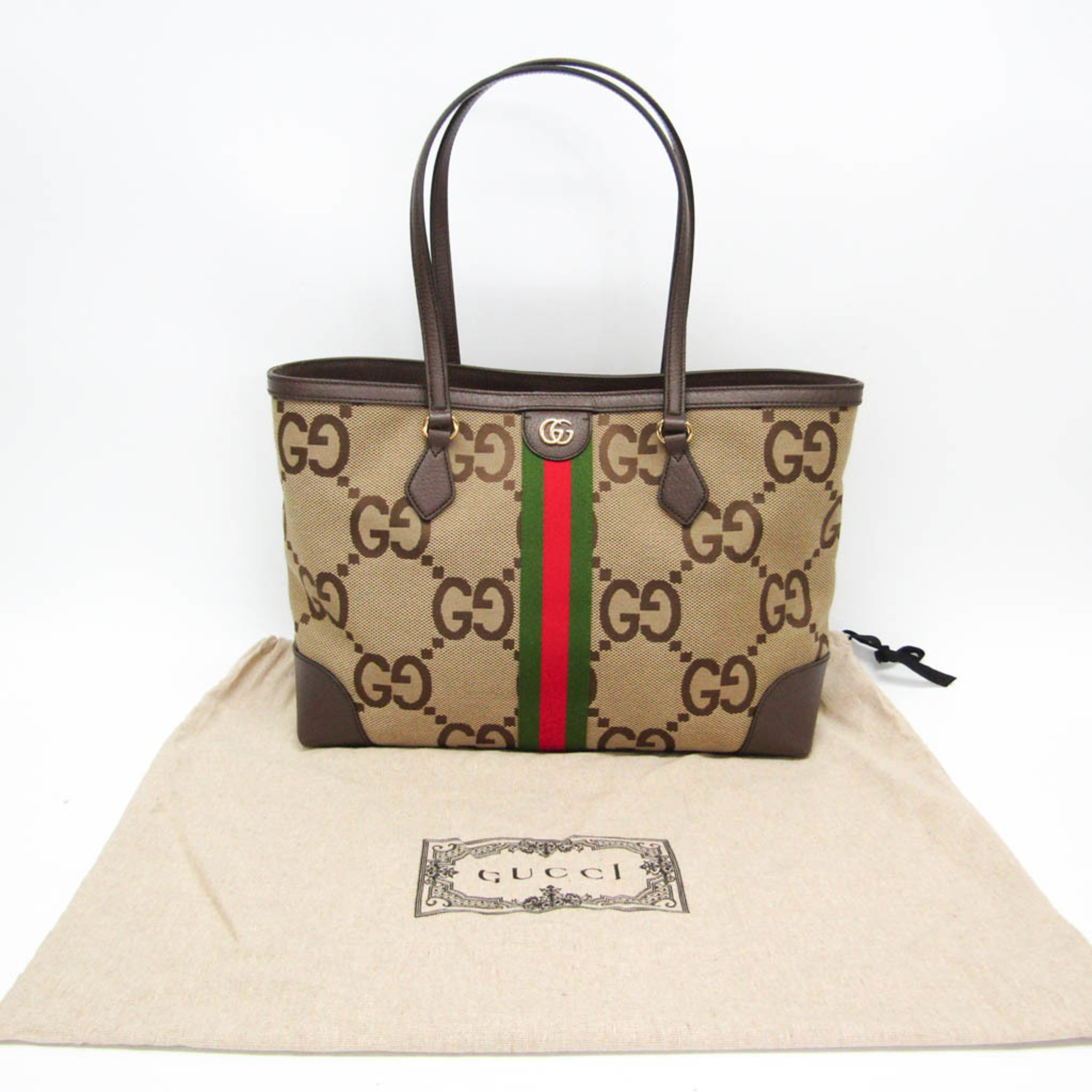 Gucci Ophidia Jumbo GG Medium 631685 Women's Canvas,Leather Tote Bag Beige,Dark Brown