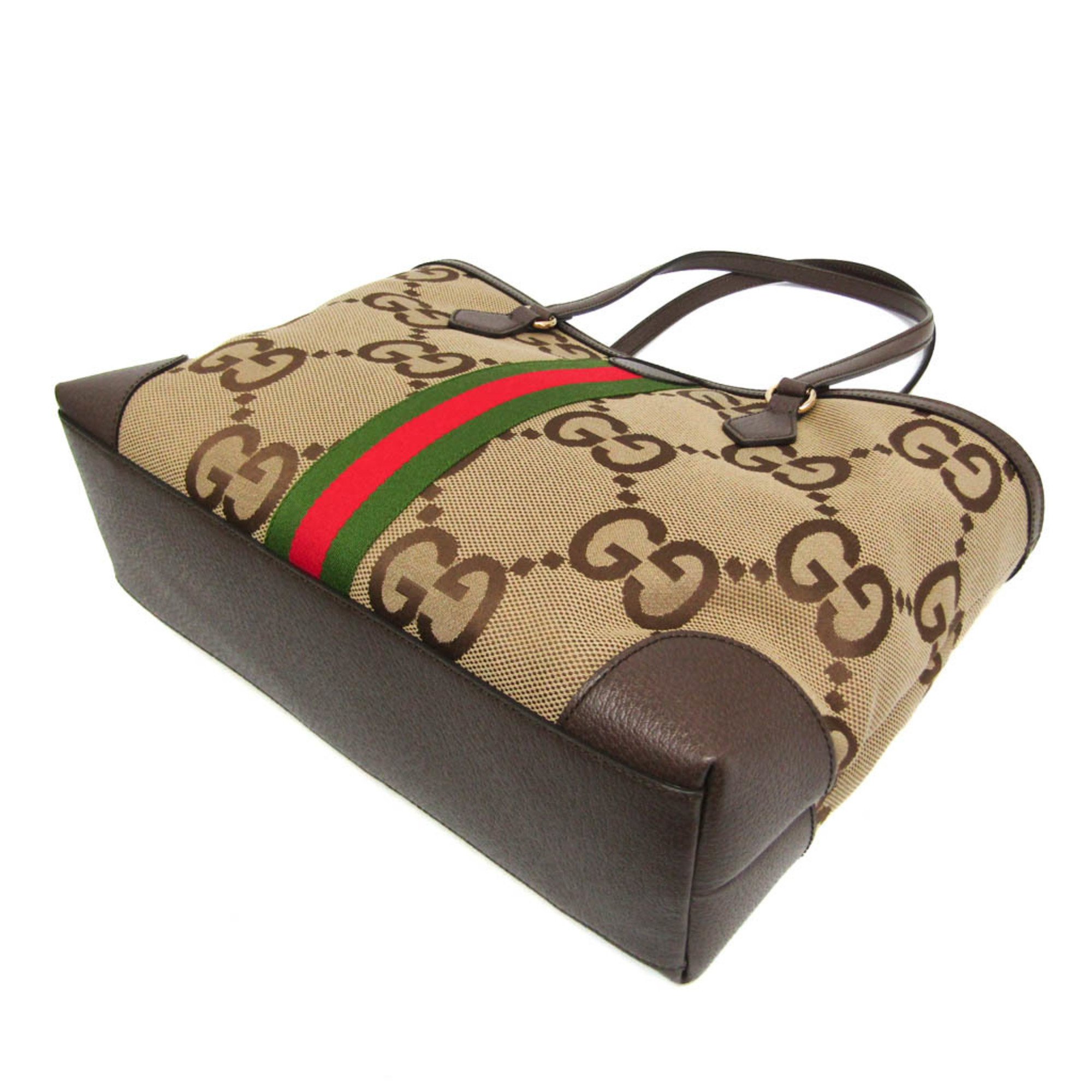 Gucci Ophidia Jumbo GG Medium 631685 Women's Canvas,Leather Tote Bag Beige,Dark Brown