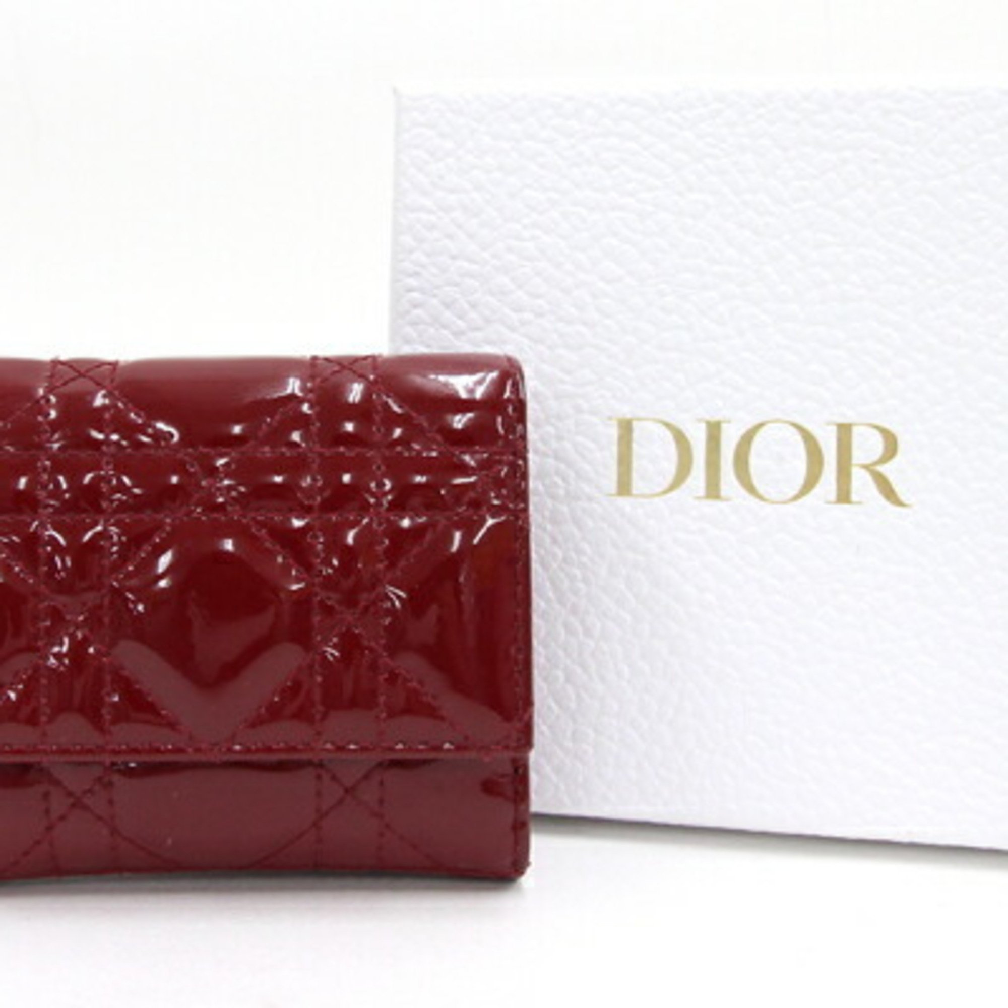Christian Dior Dior Trifold Wallet Lady Lotus S0181OVRB Wine Red Patent Calfskin Cannage Ladies DIOR