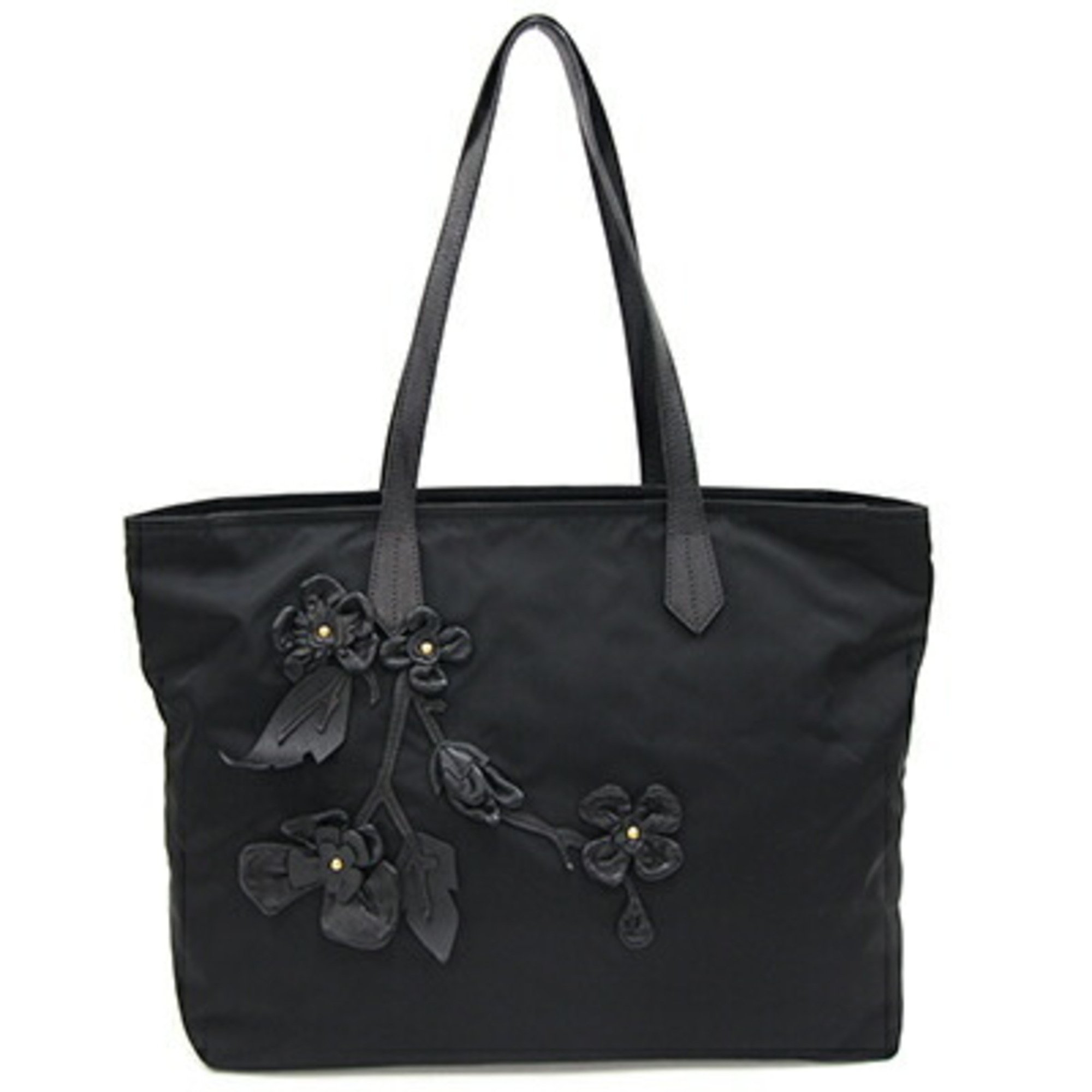 Prada tote bag 1BG052 black nylon leather shoulder flower motif ladies PRADA