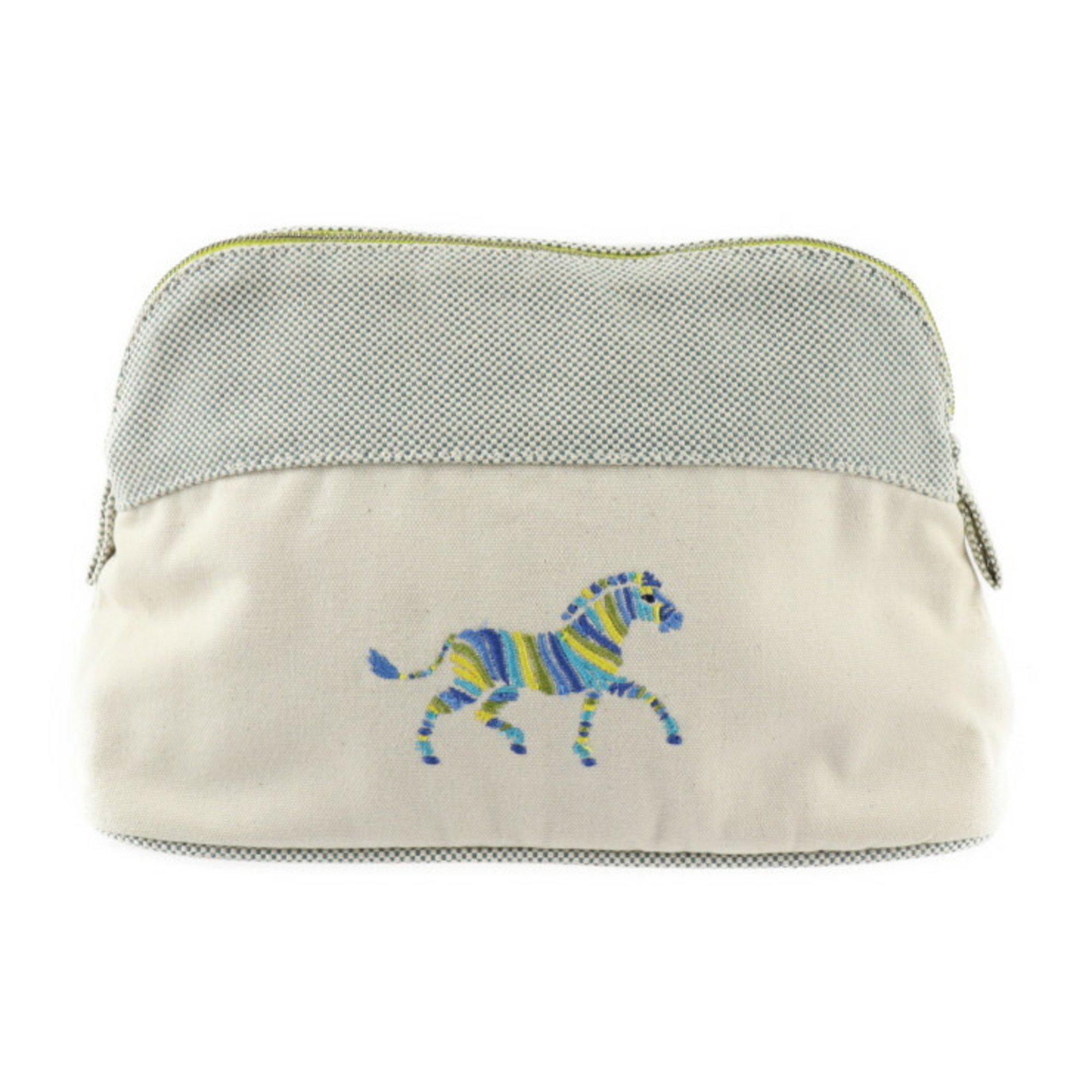 HERMES Bolide Pouch MM Second Bag Cotton Canvas Natural Blue Multicolor Horse