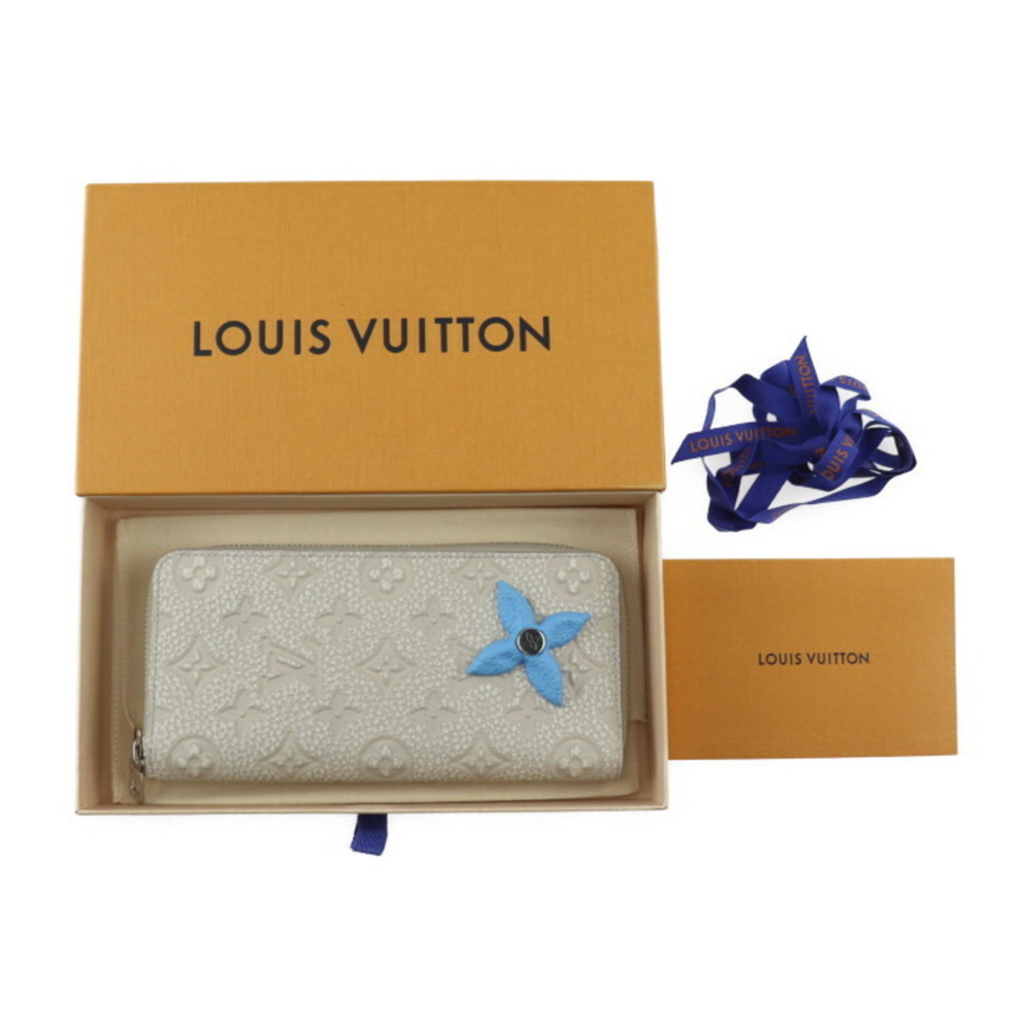 LOUIS VUITTON Zippy Wallet Vertical Monogram Long M81573 Taurillon Leather Chalk White Light Blue Round Vuitton