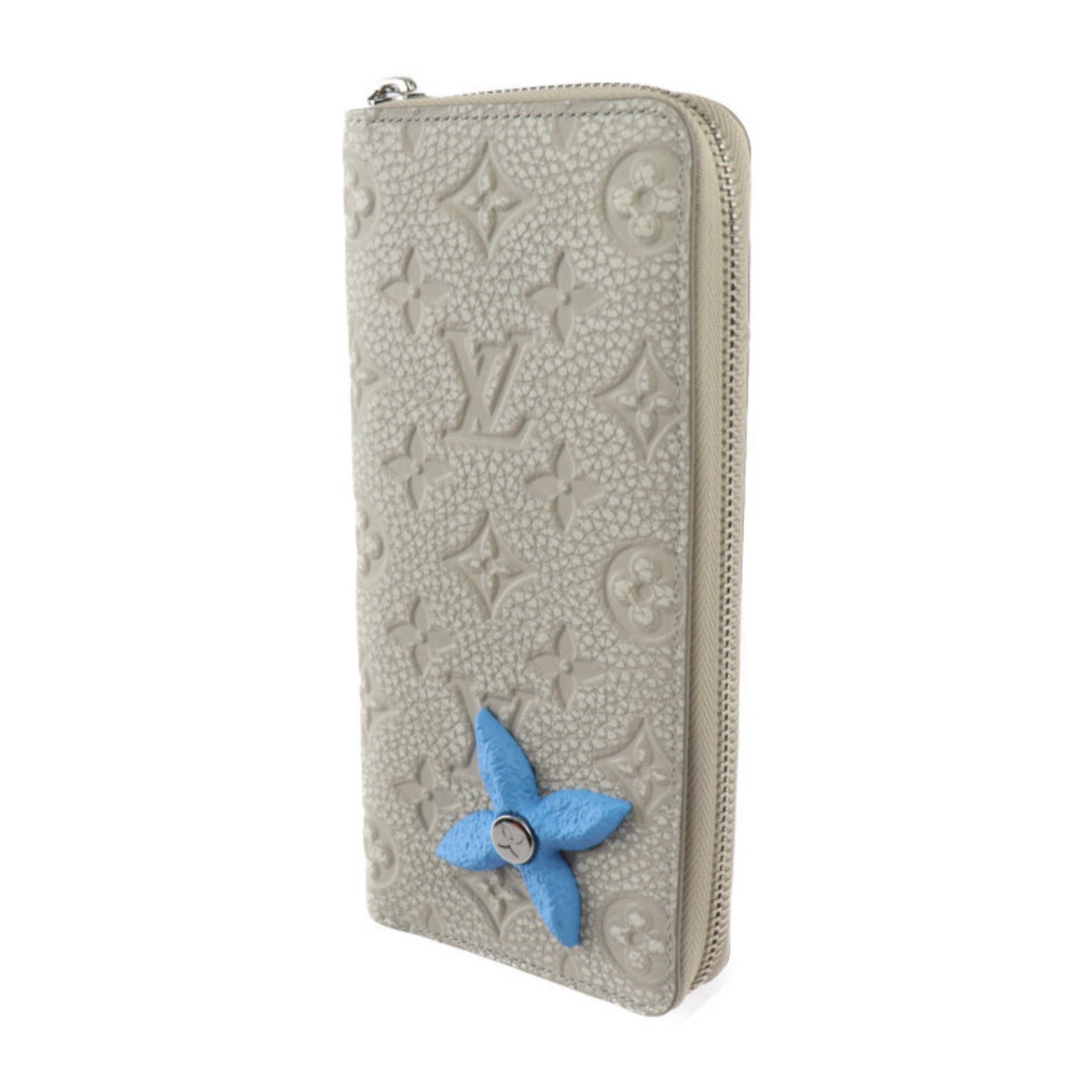 LOUIS VUITTON Zippy Wallet Vertical Monogram Long M81573 Taurillon Leather Chalk White Light Blue Round Vuitton