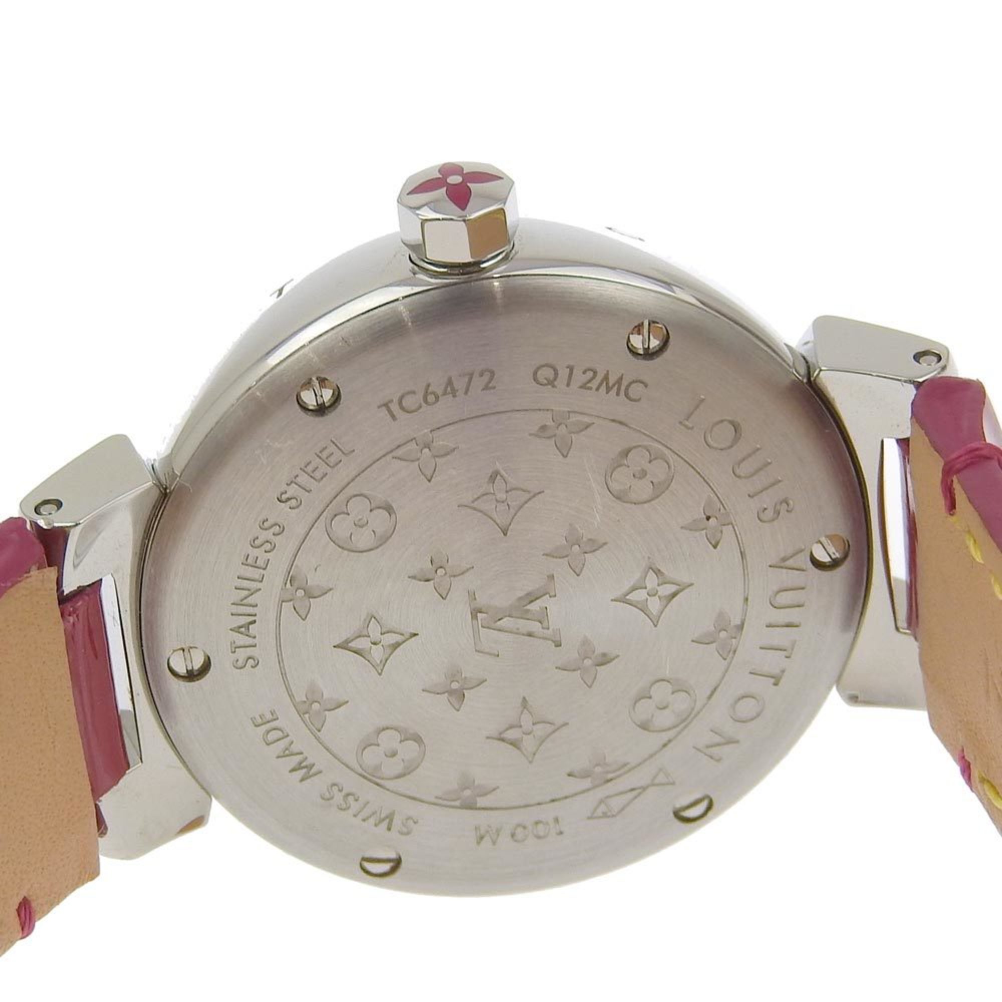LOUIS VUITTON Tambour Watch 10P Diamond Q12MC Stainless Steel x Leather Quartz Analog Display Red Dial Women's I220823037