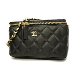Chanel Shoulder Bag Matelasse Chain Lambskin Black Champagne Women's