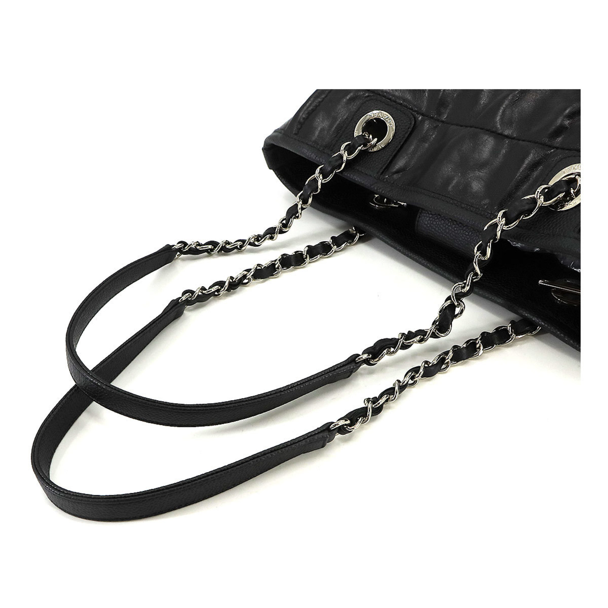 CHANEL Deauville Chain Leather Black Silver Hardware Bag
