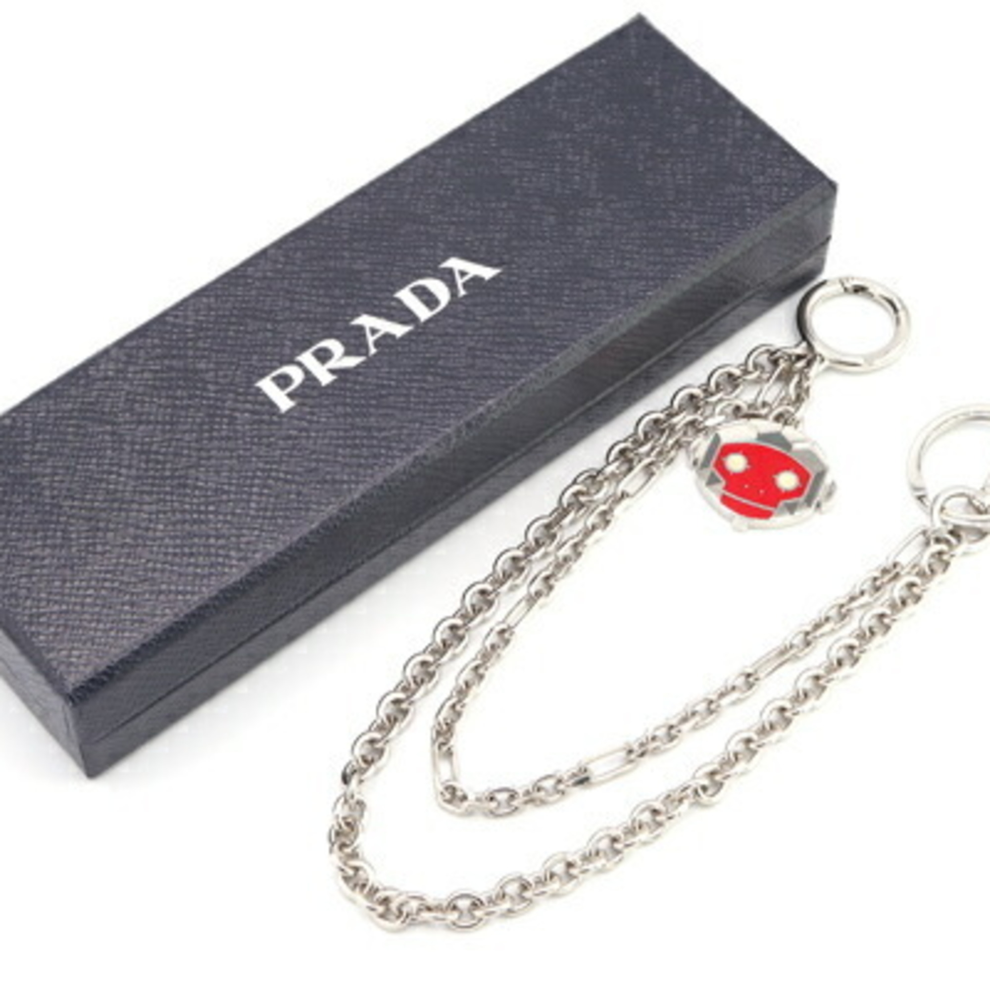 PRADA Wallet Chain 2PS033 Silver Red Metal Keychain Key Ring Monkey Bag Charm