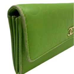 CHANEL Chanel Wallet Camellia Long Green Leather Coin Purse Rarei Ladies